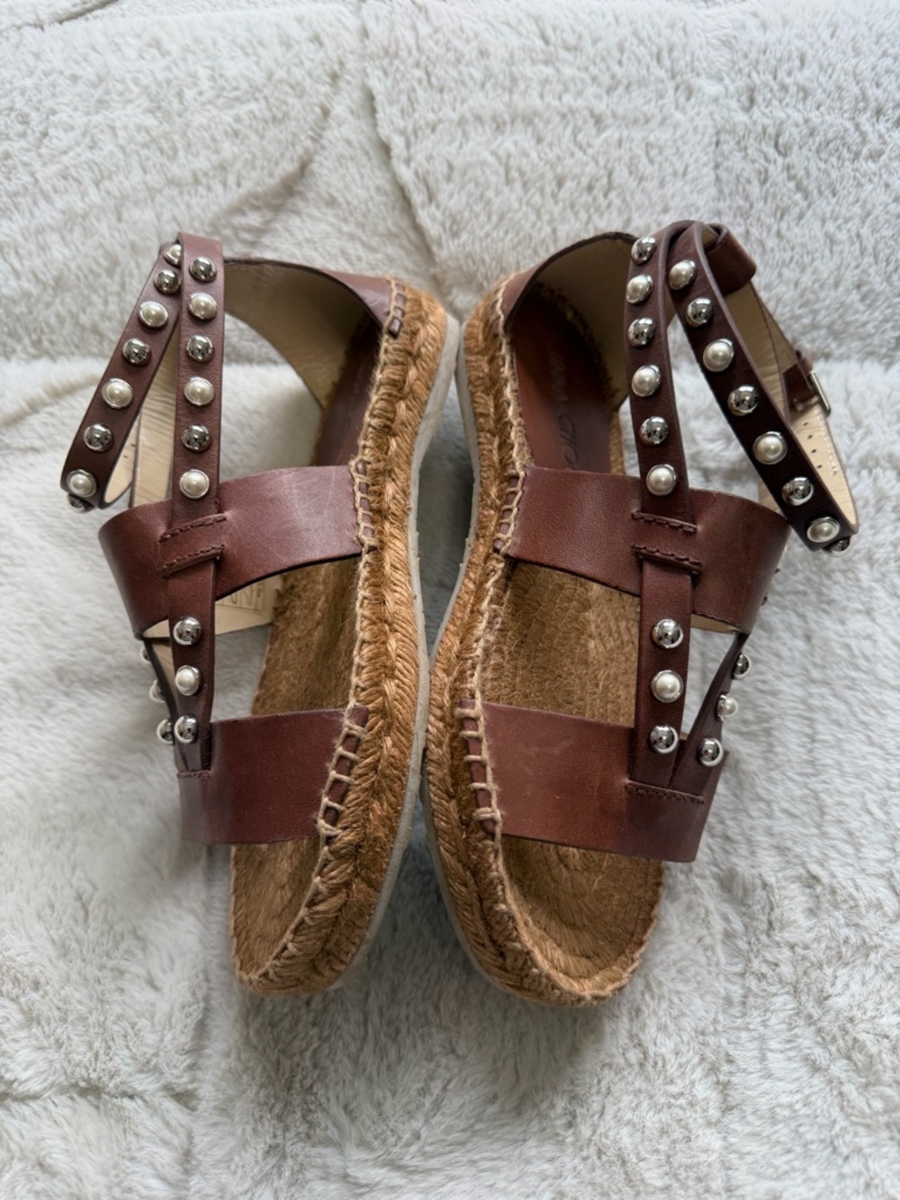 NEW! $625 Jimmy Choo Denise Brown Leather Strap Studded Espadrille Sandals 5.5 - Picture 3 of 8